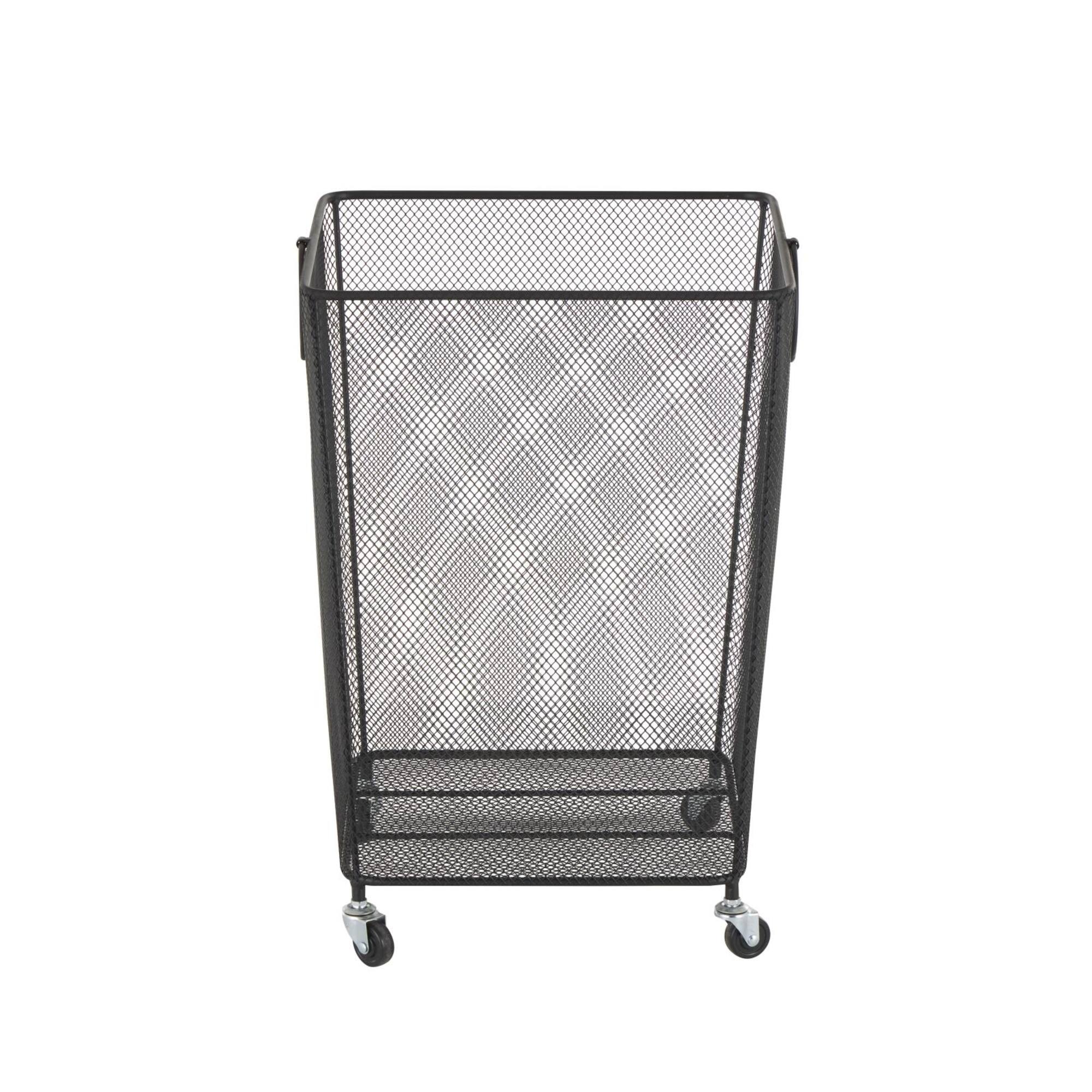 24" Black Metal Square Mesh Wire Rolling Laundry Storage Cart with Ring Handles